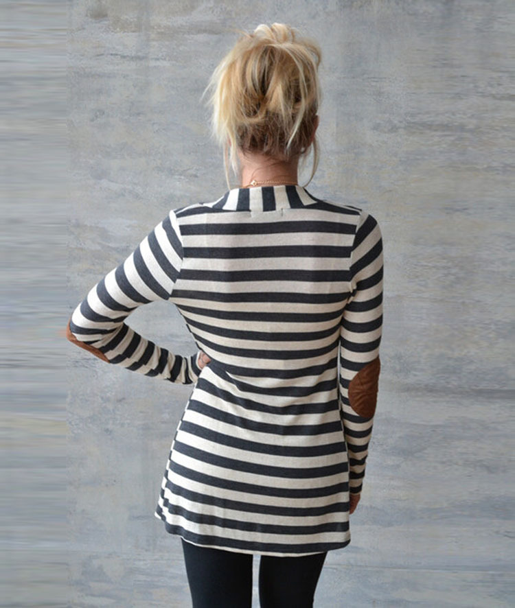 F2447 Black and White Striped Long Sleeve Cardigan